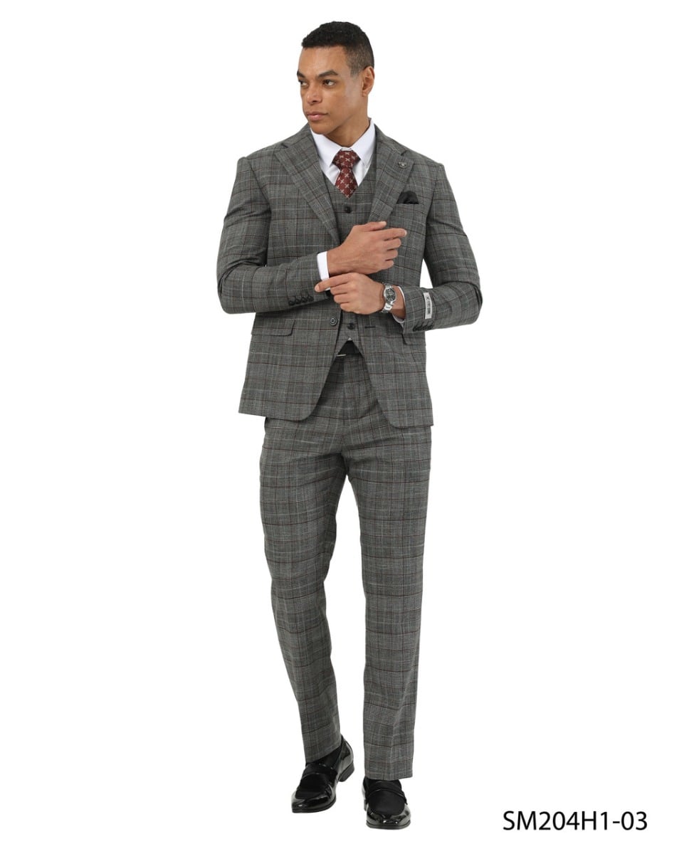 Stacy Adams Men's 3 Piece Glen Plaid Suit - Hybrid Fit
