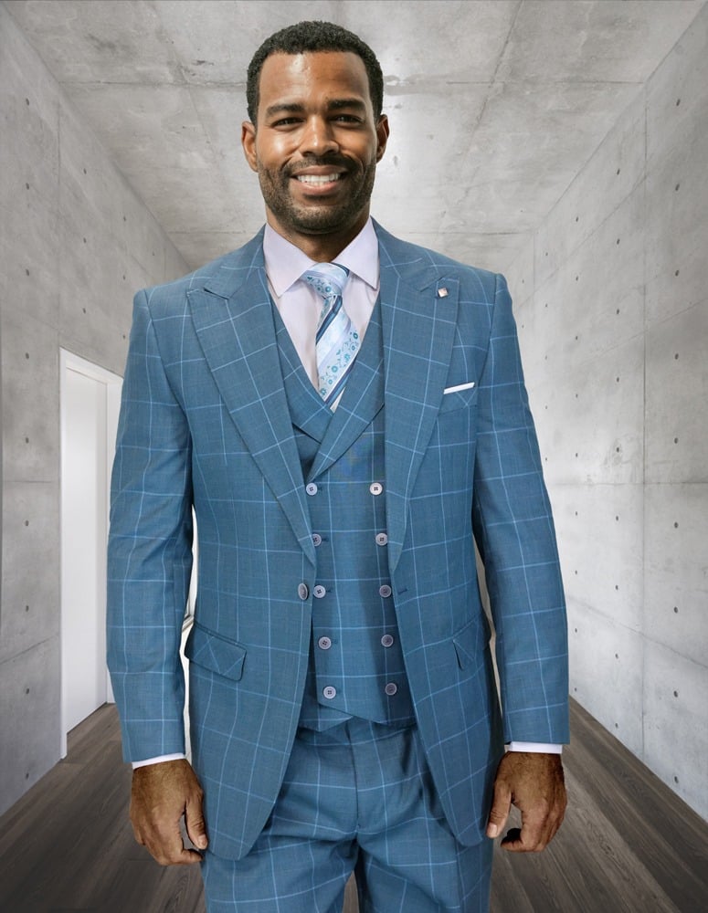 Statement Men's 3 Piece 100% Wool Wide Leg Suit- Solid Windowpane