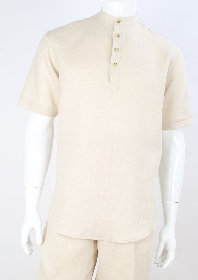 Apollo King Men's Short Sleeve Linen Casual Shirt - Banded Collar