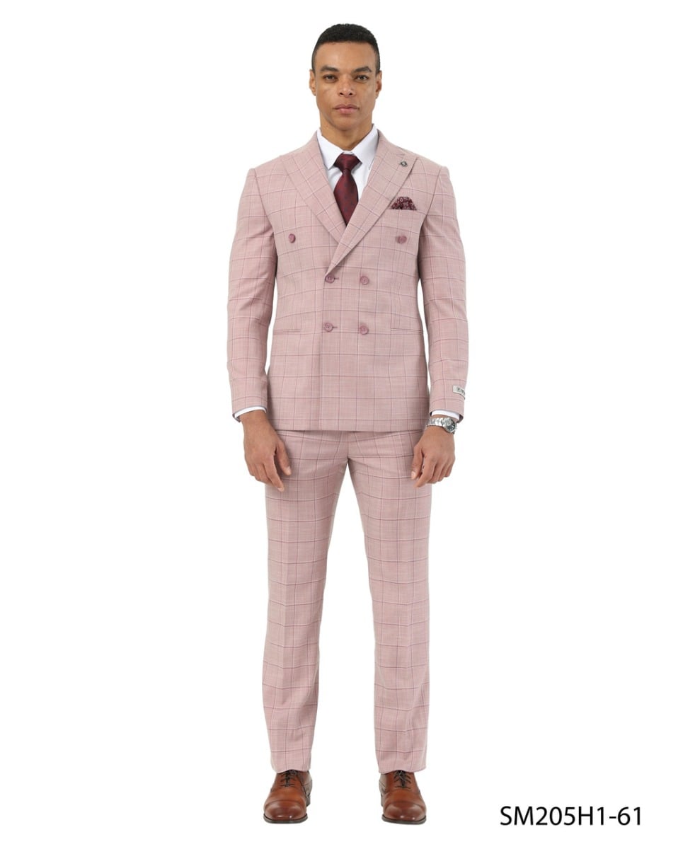 Stacy Adams Men's 2 Piece Windowpane Hybrid Fit Suit - Double Breasted
