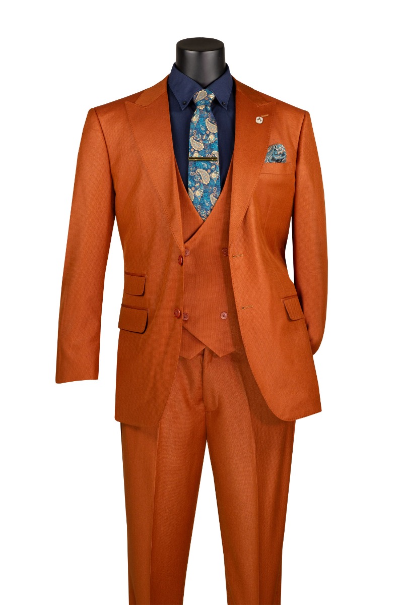 Vinci Men's 3 Piece Wool Feel Sharkskin Suit - Adjustable Waistband