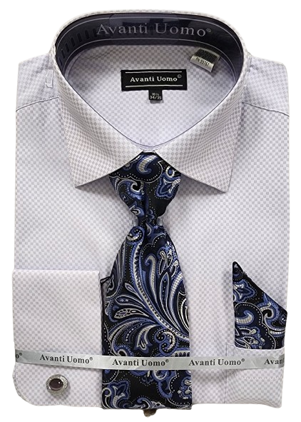 Avanti Uomo Men's Light Checker French Cuff Dress Shirt Set - Jacquard