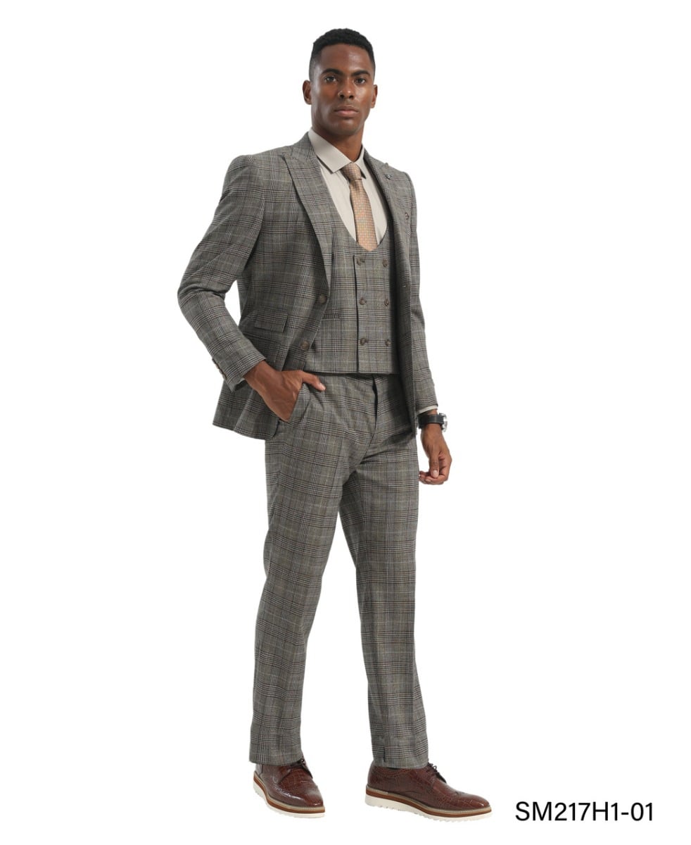 Stacy Adams Men's 3 Piece Hybrid Fit Plaid Suit - Double Breasted Vest