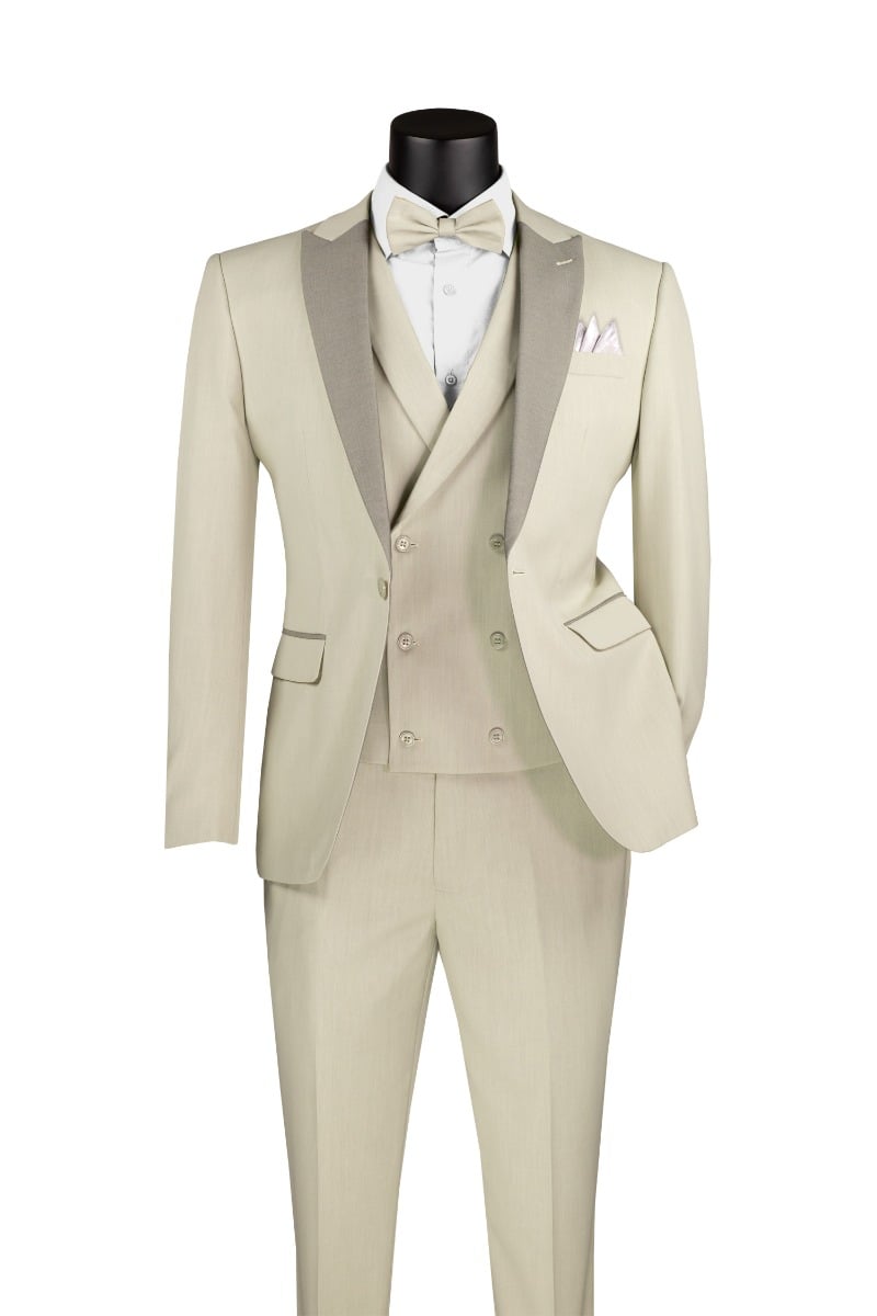 Vinci Men's 3 Piece Wool Feel Slim Fit Suit - Contrasted Lapel