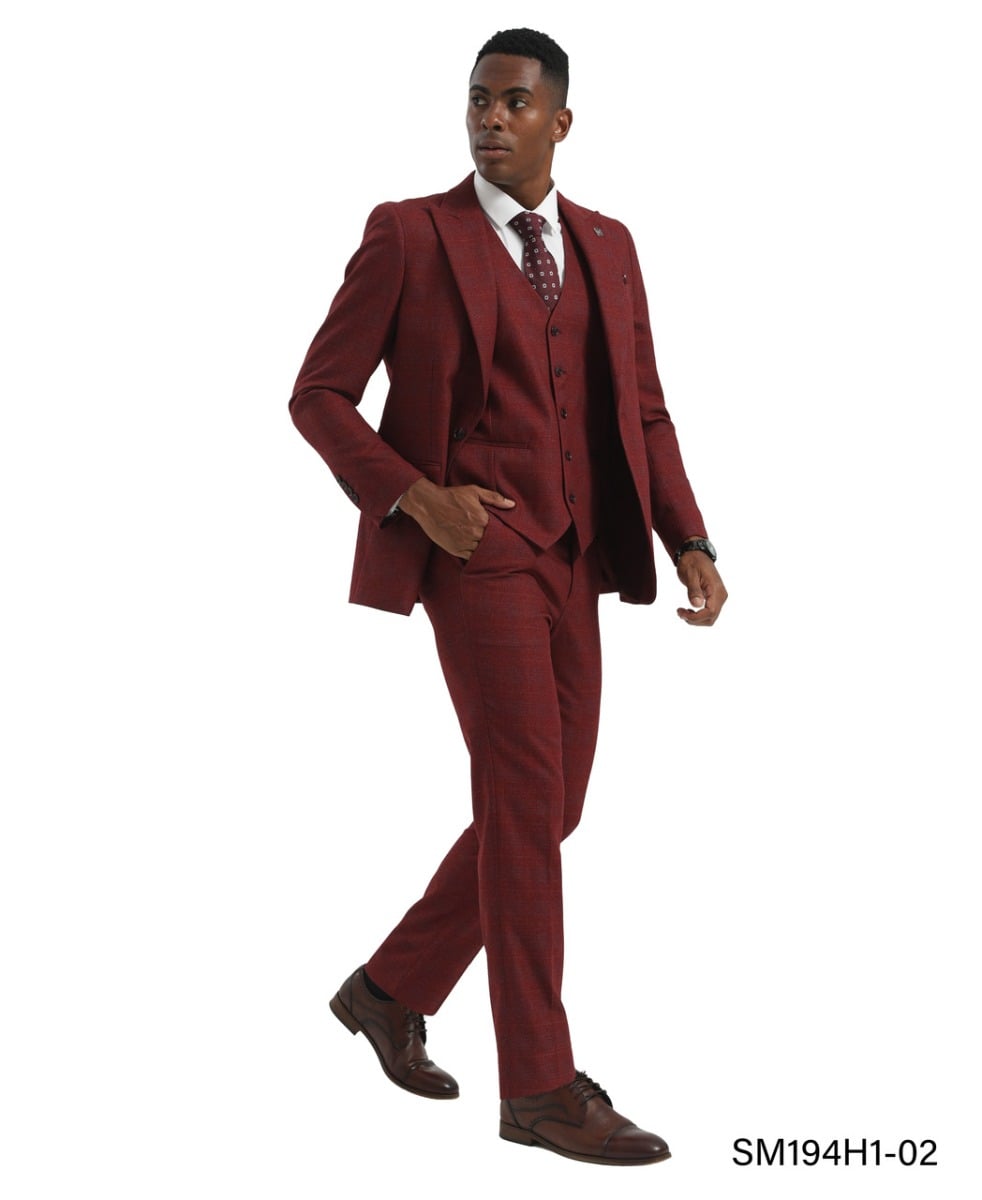 Stacy Adams Men's 3 Piece Hybrid Fit Subtle Plaid Suit - Expandable Waistband