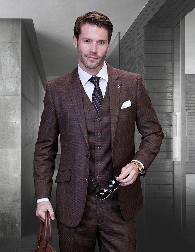 Statement Men's 3 Piece 100% Wool Cashmere Suit - Plaid Windowpane
