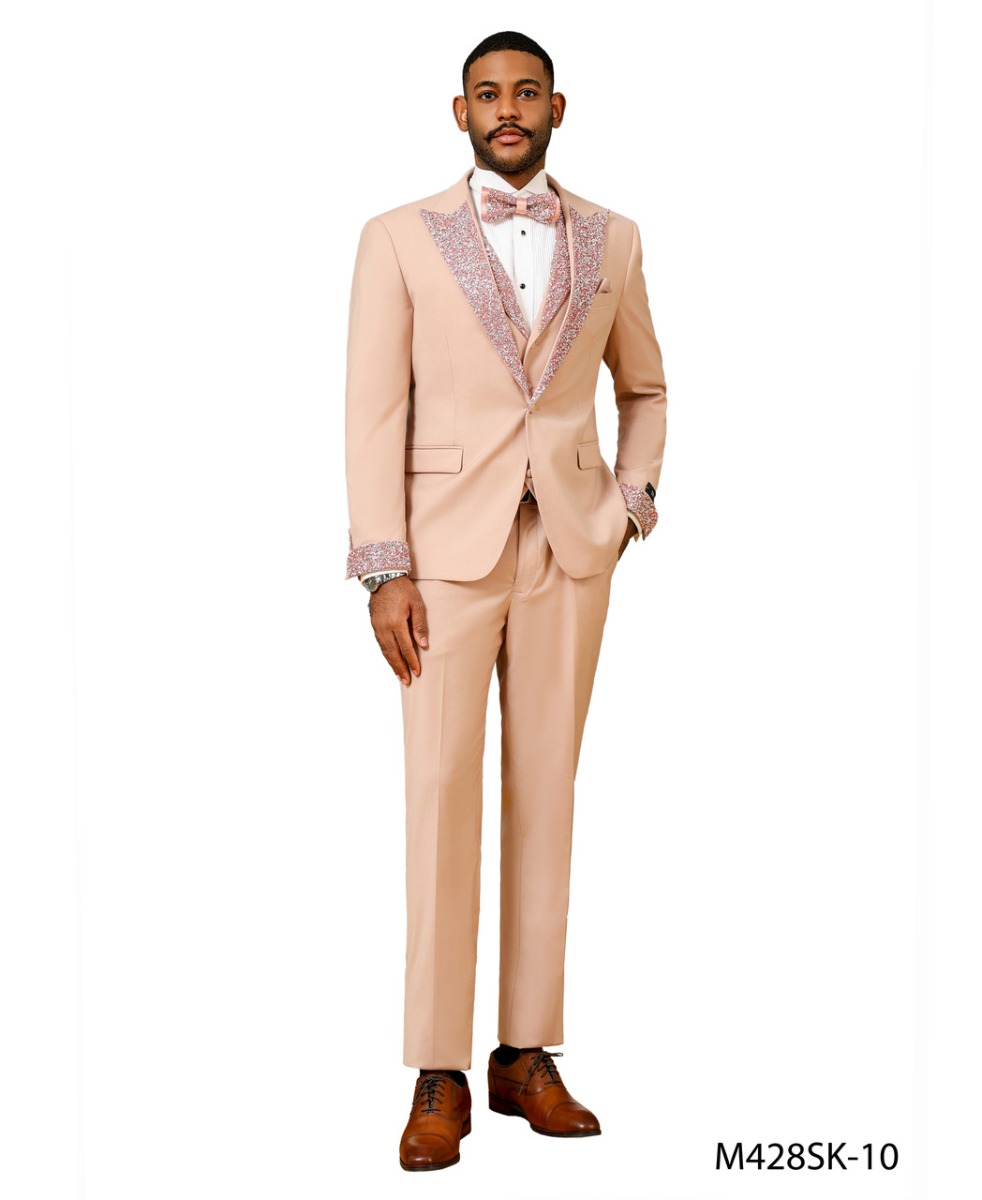 Tazio Men's 3 Piece Skinny Fit Suit - Rhinestone Accents