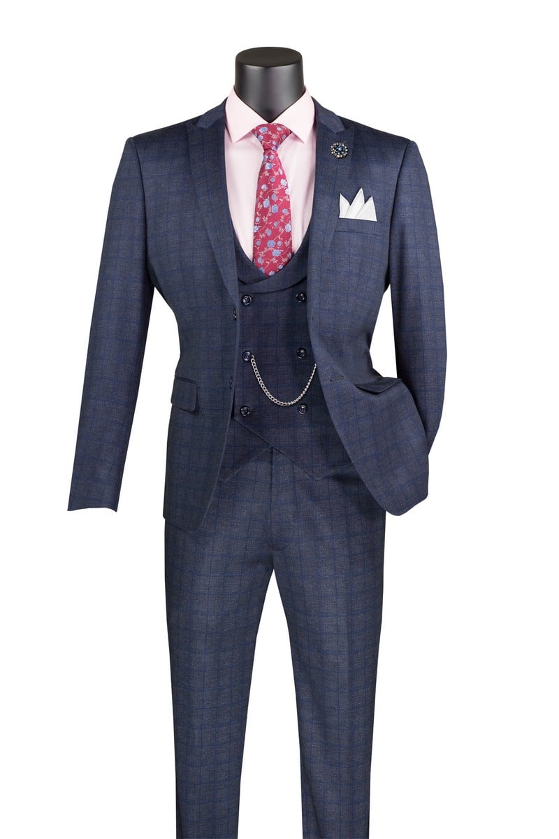 Vinci Men's 3 Piece Slim Fit Suit - Double Breasted Vest