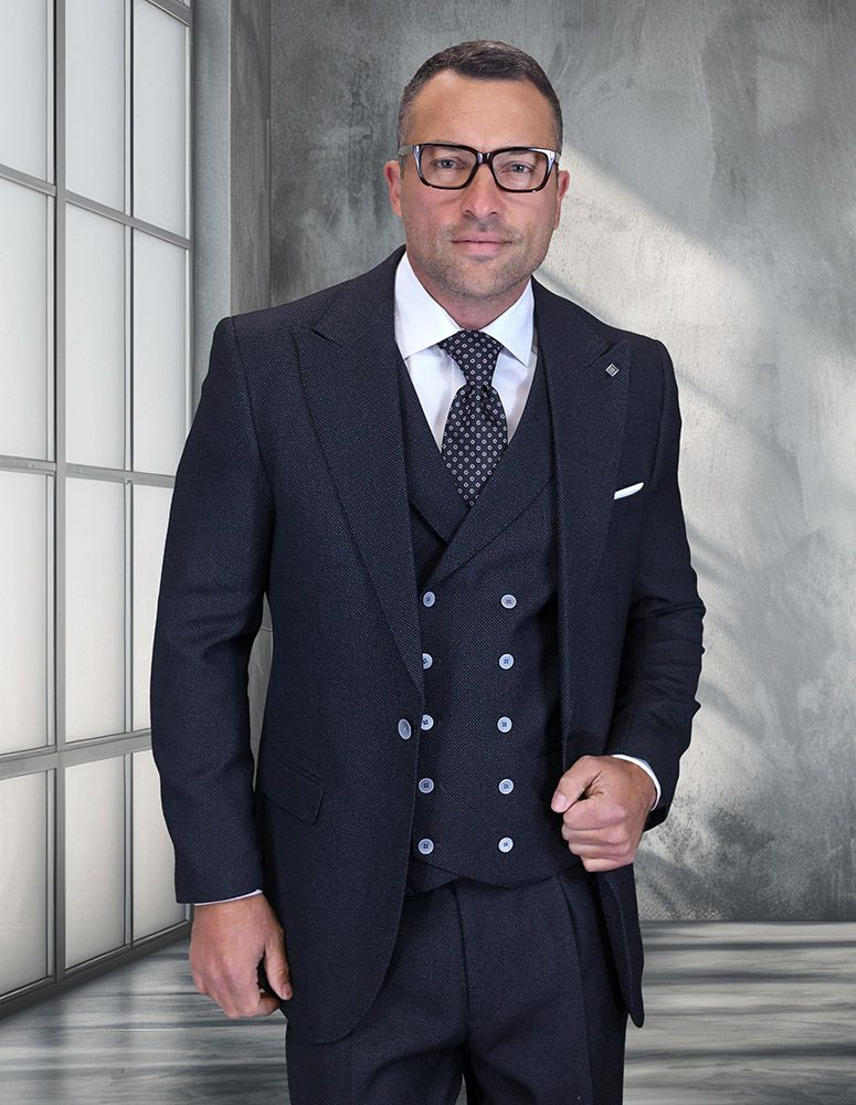 Statement Men's Big and Tall 3 Piece 100% Wool Wide Leg Suit- Woven Texture