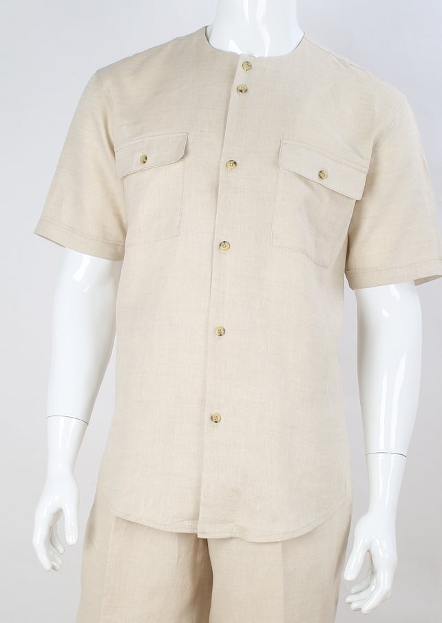 Apollo King Men's Short Sleeve Linen Casual Shirt - No Collar