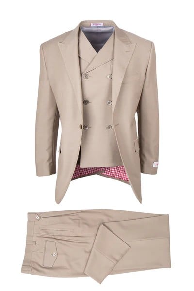 Tiglio Rosso Men's 3 Piece 100% Wool Suit - Wide Leg Pants - Tan