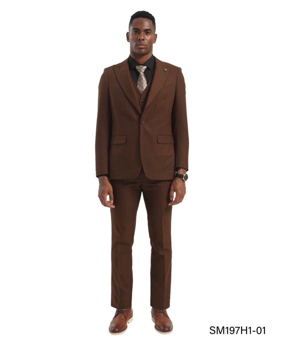 Stacy Adams Men's 3 Piece Hybrid Fit Checkered Plaid Suit - Expandable Waistband