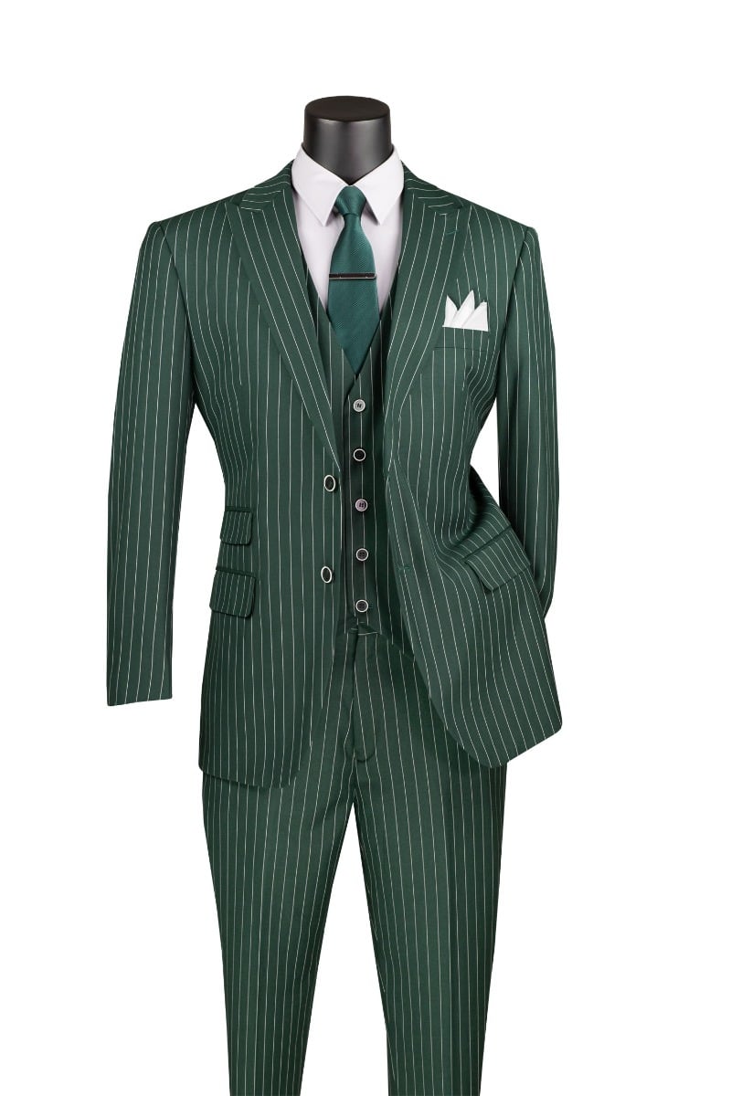 Vinci Men's 3 Piece Wool Feel Pinstripe Suit - Adjustable Waistband