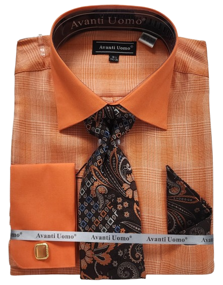 Avanti Uomo Men's French Cuff Shirt Set - Glen Check with Solid Collar
