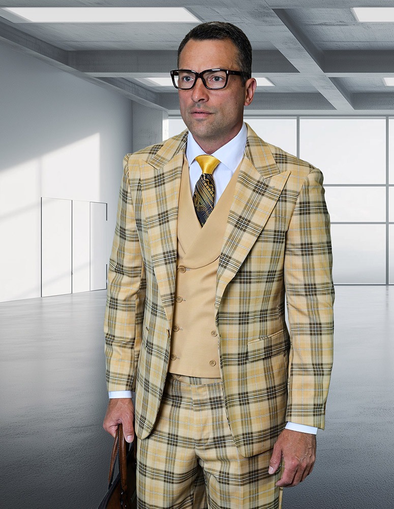 Statement Men's 3 Piece Plaid 100% Wool Modern Fit Suit - Wide Peak Lapel