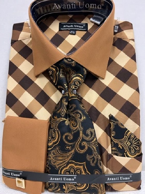Avanti Uomo Men's French Cuff Dress Shirt Set - Smooth Triple Tone
