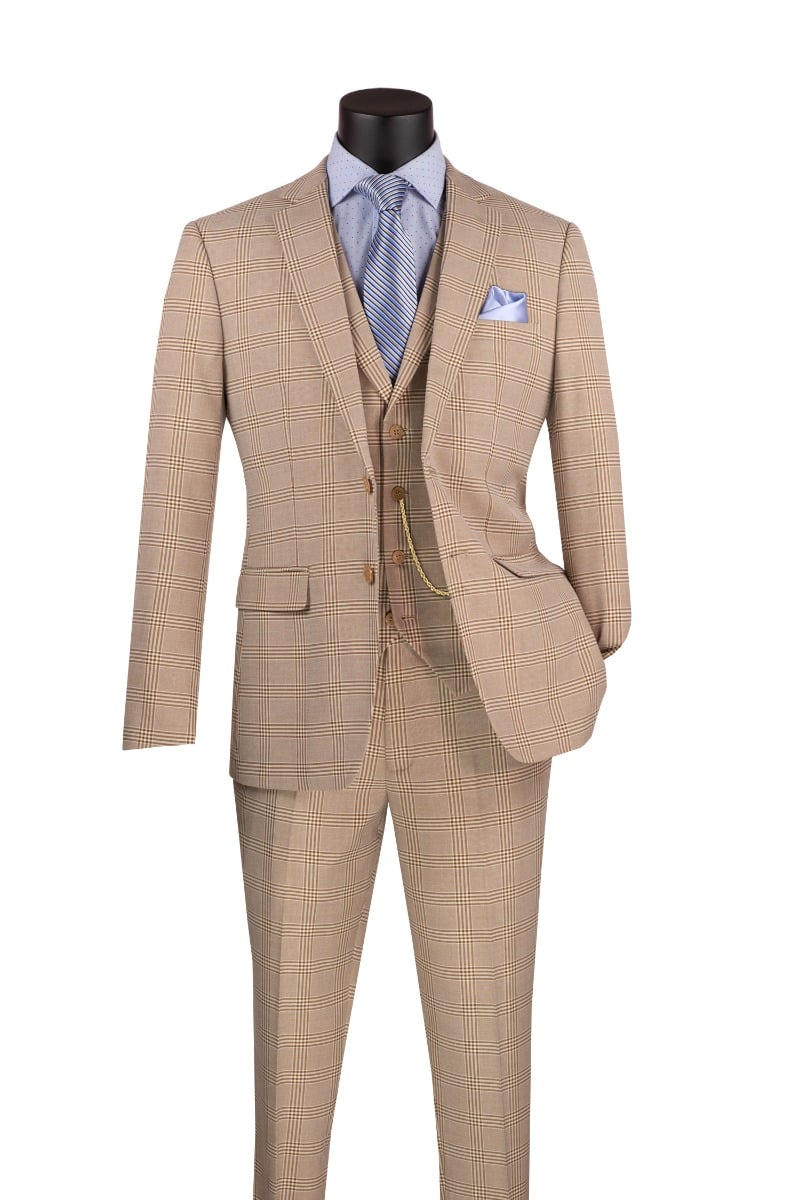 Vinci Men's 3 Piece Slim Fit Suit - Glen Plaid