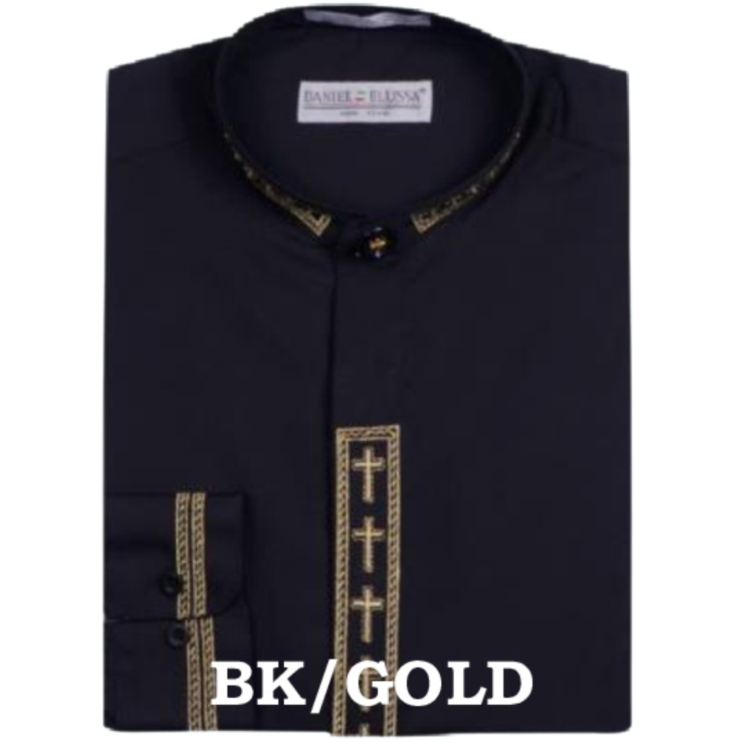 Daniel Ellissa Men's Banded Collar Dress Shirt - Cross Embroidery
