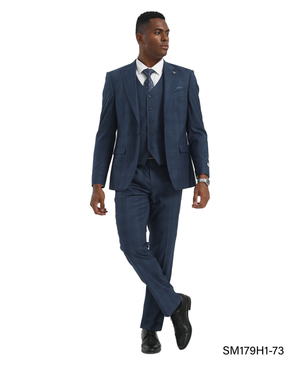 Stacy Adams Men's 3 Piece Hybrid Fit Glen Check Suit - Expandable Waistband