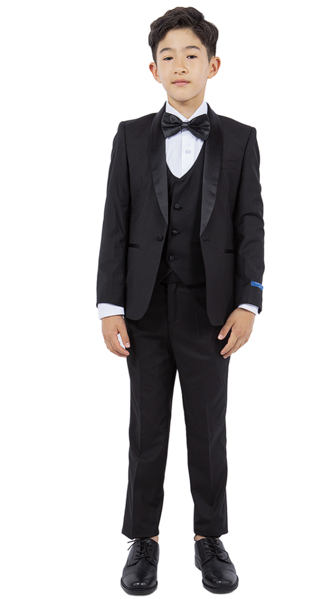 Perry Ellis Boy's 5 Piece Suit with Shirt & Tie - Black U Cut Vest