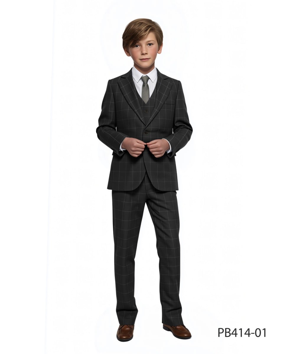 Perry Ellis Boy's 3 Piece Suit - Windowpane Pattern