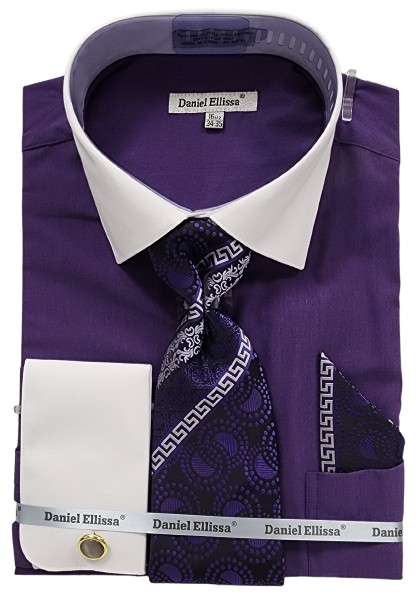 Daniel Ellissa Men's French Cuff Shirt Set - Geometric Jacquard Tie