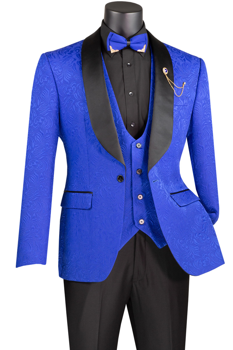 Vinci Men's 3 Piece Wool Feel Slim Fit Tuxedo - Jacquard Fabric